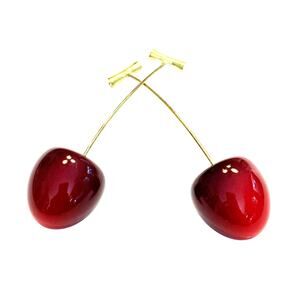Unique pierced earrings cherry on stem goldtone & red lucite drop dangle style
